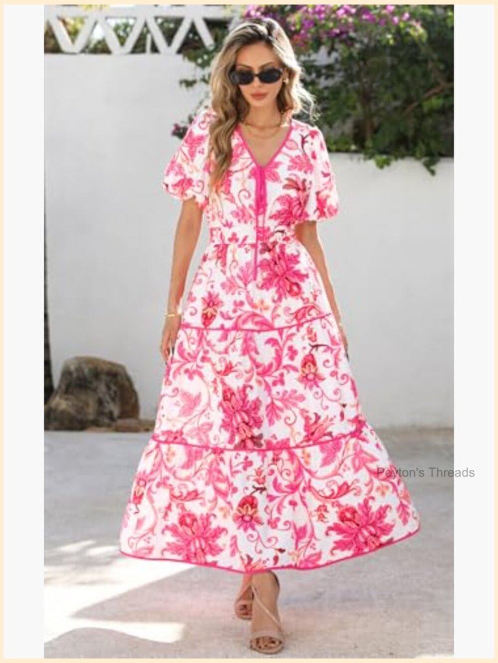 Boho Flowy Tiered Maxi Dress Wedding Guest V Neck Puff Sleeve - Picture 6 of 7